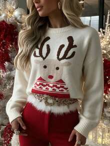 SHEIN Sweater Rajut Leher Bulat Motif Rusa Lucu, Atasan Rajut Kasual Lengan Panjang Warna Krem untuk Liburan - Aprikot - View 2