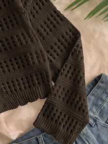 SHEIN 青少年女孩鏤空針織開襟衫，適合居家、休閒外出、海邊度假、聚會等多種場合，舒適百搭柔軟 - 棕色 - 查看 5