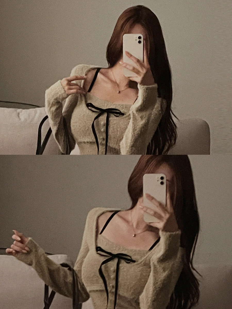 DAZY Beige Square Neck Black Tie Bow Button Fitted Long Sleeve Fuzzy Sweet Knitted Top Fall - Khaki - View 1