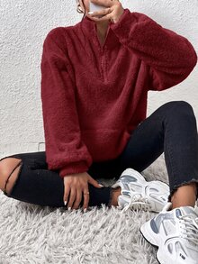 SHEIN EZwear 女款素色立領休閒百搭長袖運動衫 - 酒紅色 - 查看 4