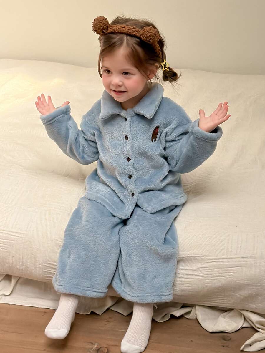 DAZY 嬰兒/幼兒(女童)領口舒適長袖上衣與長褲2件套居家服,秋冬款 - 藍色 - 查看 1