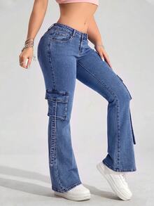SHEIN PETITE Celana Jeans Denim Model Bell Bottom Pinggang Rendah Kasual dengan Desain Washed - Biru - View 6