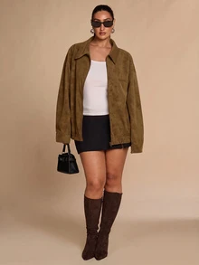 SHEIN BAE CURVE 大尺碼女款卡其色方正版夾克外套 冬季 - 卡其色 - 查看 7