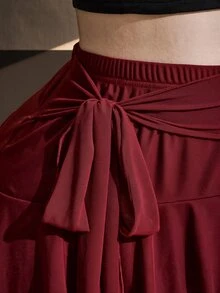 SHEIN ICON 女款大尺碼綁帶荷葉邊下擺迷你裙 - 酒紅色 - 查看 7