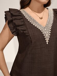 Comfylo Plus Size Summer Casual Lace Patchwork Flutter Sleeve Blouse - Brown - View 5