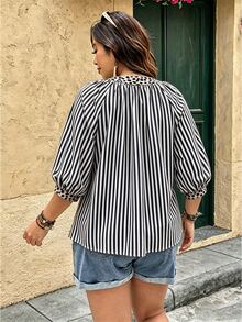 Linhara Fashion Casual Vacation Vintage Elegant Commute 3/4 Sleeve Blue Printed Blouse Fall - Black and White - View 2