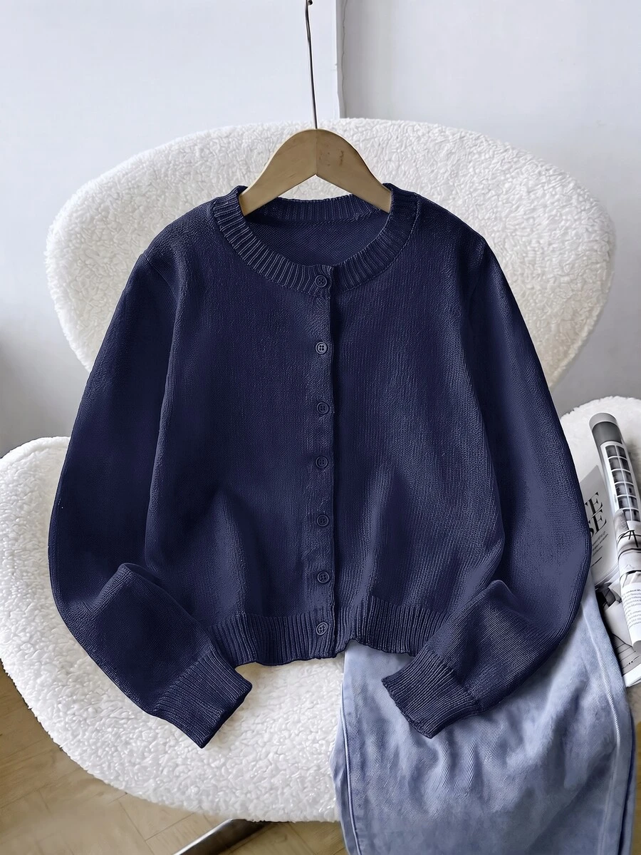 SHEIN 青少年女孩純色休閒百搭日常穿搭開襟衫 - 藏蓝色 - 查看 1