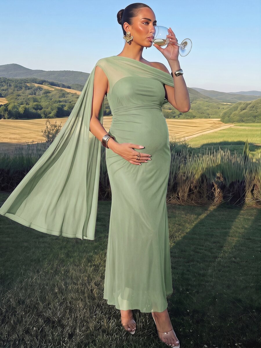 MaterniChic Maternity Solid Color Asymmetric Neck Ribbon Design Slim Fit Elegant Dress - Green - View 1