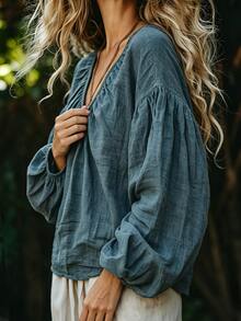 Breezaya Pastoral Slouchy V-Neck Pleated Lantern Sleeve Plus Size Top - Blue - View 4