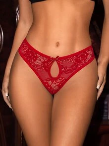 Divavoom 3pcs Lace Floral Bow Cut-Out Design Sexy Charming Women's Panties Set, Soft And Comfortable Fabric, Suitable For Women's Daily And All-Season Wear, Fashionable Sexy Charming Design, Perfect For Dates And Parties - Red - View 3