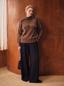 MOTF PREMIUM PLUS SIZE AUTUMN/WINTER FASHION CONTRAST TRIM SWEATER - Brown - View 6