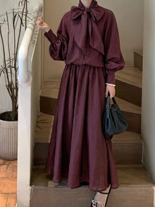 DAZY Women's Solid Color Collar Long Sleeve Shirt And Skirt Elegant 2 Pieces Set - Burgundy - View 7