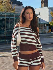 Opulessa Women's Striped Off-Shoulder Long Sleeve Cropped Sweater And Knitted Shorts Set - Multicolor - View 1