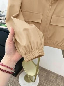 SHEIN 兒童青少年女孩外套 秋冬新款 黑色梭織素色貼袋短版寬鬆休閒連帽夾克 返校季 - 駝色 - 查看 5