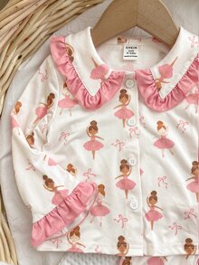 SHEIN 女嬰卡通印花荷葉袖上衣與長褲家居服套裝 - 米色 - 查看 7