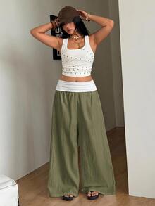 Coolane Women's Plus Size Summer Fall Going Out Elegant Vacation Country Concert Boho Basic 100 Cotton Color-Blocked White Green Mid-Waist Wide Leg Pants - Army Green - View 4