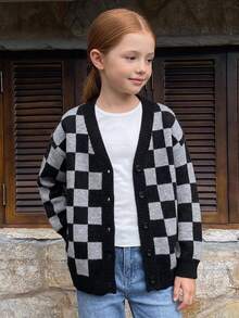 DAZY Tween Girl) Plaid Colorblock Loose Cardigan Casual Sweater Autumn/Winter Long Sleeve Open Front Jacket - Dark Grey - View 6