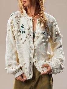 SHEIN Handmade 3D Pom Pom Floral Embroidered Chunky Knit Cardigan, Off-White Round Neck Loose Petal Sleeve Knitted Jacket - Apricot - View 8