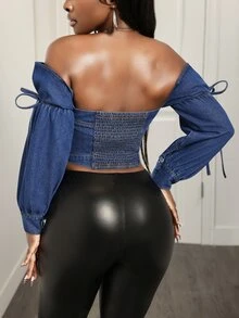 Slaydiva Women's Off-Shoulder Long Sleeve Single-Breasted Cropped Denim Jacket - Blue - View 2