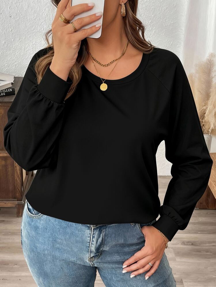 SHEIN LUNE Plus Size Women's Casual Raglan Sleeve Round Neck Loose Fit T-Shirt Suitable For Spring And Autumn - Multicolor - View 3