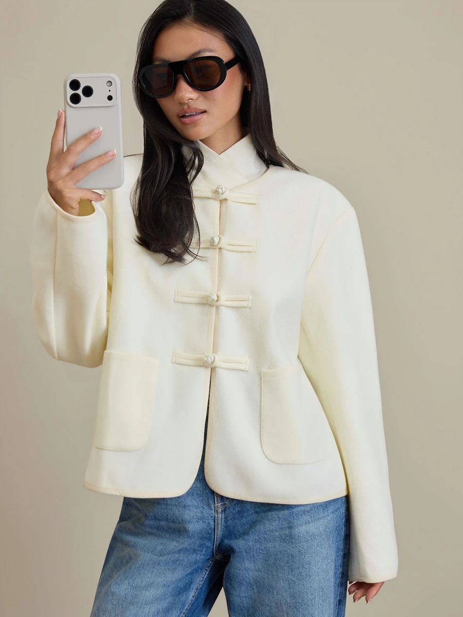 COSMINA Women's Casual New Chinese Style Oriental Long Sleeve Frog Button Tweed Jacket, Suitable For Daily Wear, Dating And Gathering - White - View 1