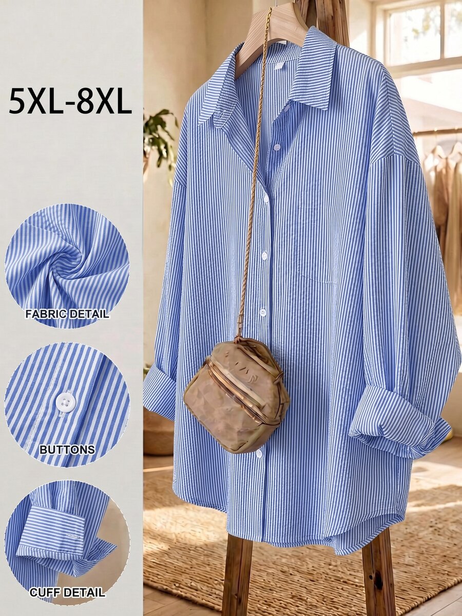 SHEIN CURVE+ 大尺碼休閒通勤條紋襯衫 - 水鴨藍 - 查看 1