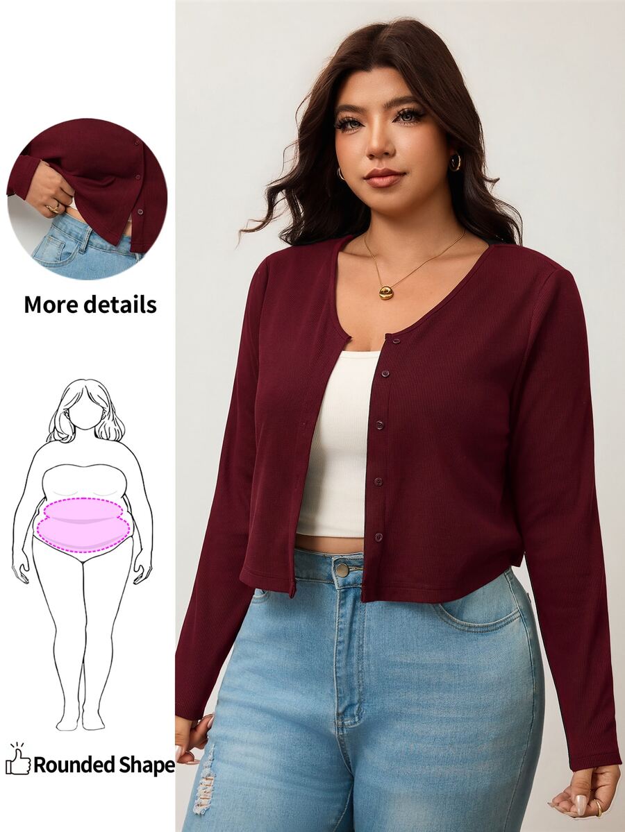 Enliva Plus Size Women's Black Ribbed Knit Cropped Cardigan – V-Neck Button-Front Sweater For Effortless Layered Style - Burgundy - View 1