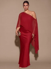 SHEIN BAE CURVE 大尺碼女款優雅長版不對稱單肩洋裝 - 紅色 - 查看 2