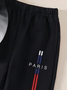 2pcs Boys Fall Style Black White Color Block Gradient PARIS Letter Print Long Sleeve Sweatshirt & Pants Set Casual Fashion Autumn Winter - Blue - View 4