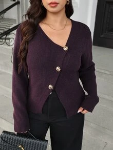 Roveilla Autumn/Winter Fashion Asymmetric Design Fitted Asymmetrical Gold Button Decor Pullover Sweater - Purple - View 6