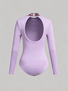 Teen Girl Solid Color Long Sleeve Jumpsuit Skirt Sports Lyrical Elegant Set, Suitable For Dance Party Prom, Training And Performance Purple Fall - Mauve Purple - View 4