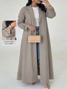 Al Najma Plus Size Lapel Collar Open Front Abaya Maxi Coat Lace Cuff Trim Long Sleeve Loose Modest Fall Muslim Outerwear - Khaki - View 1