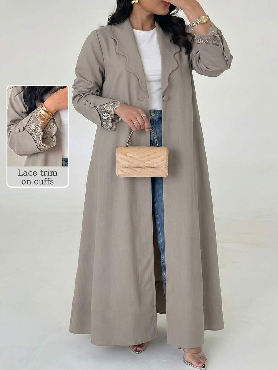 Al Najma Plus Size Lapel Collar Open Front Abaya Maxi Coat Lace Cuff Trim Long Sleeve Loose Modest Fall Muslim Outerwear - Khaki - View 1