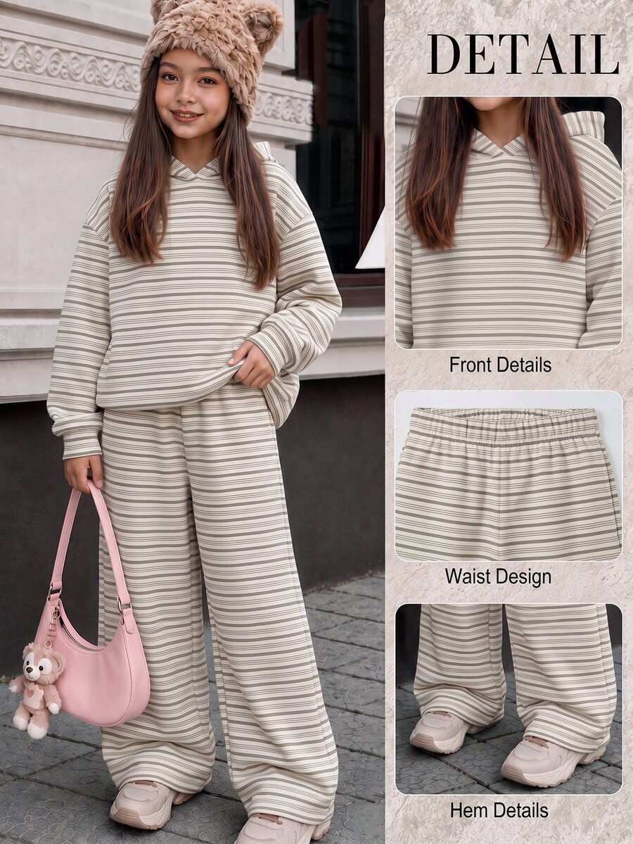 Tween Girls Hooded Drop Shoulder Sweatshirt And Straight Leg Pants 2 Pieces Set With Cartoon Pattern, Suitable For Autumn/Winter - Multicolor - View 1