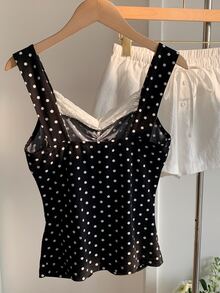 CovetEZ Women's Contrast Lace Bowknot Decor Polka Dot Print Tank Top - Black and White - View 8