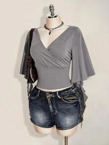 SHEIN ICON 女款大尺碼交叉V領抓褶純色T恤 - 灰色 - 查看 4