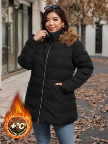 Reflora Plus Size Winter Fur Collar Hooded Warm Jacket - Black - View 3