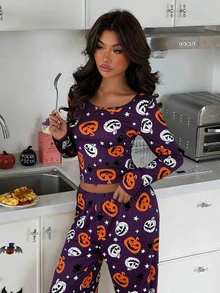ZzzCrew Set Piyama Wanita Seksi Lengan Panjang Motif Kartun Halloween - MultiWarna - View 6