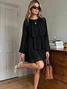 Serisse Women's Solid Color Round Neck Lantern Sleeve Patchwork Ruffle Hem Elegant Dress - Black - View 3