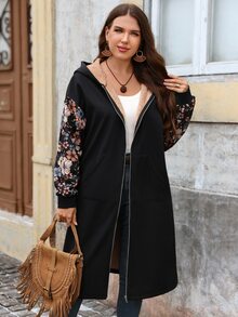EMERY ROSE Plus Size Women's Floral Print Drop Shoulder Long Sleeve Zipper Front Thermal Lined Hooded Jacket - Black - View 7