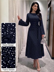Modelyn 春秋法式通勤優雅波點收腰百褶抽繩喇叭袖長洋裝女款 - 藏蓝色 - 查看 1