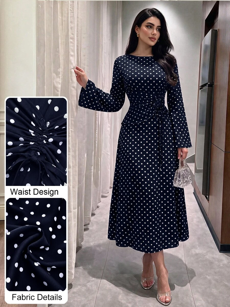 Modelyn 春秋法式通勤優雅波點收腰百褶抽繩喇叭袖長洋裝女款 - 藏蓝色 - 查看 1