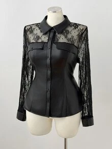 Sunspun Kemeja Lengan Panjang Terbuka Depan Gaya Punk Kasual Seksi Musim Gugur/Dingin Ukuran Besar, Bahan Kulit Imitasi PU & Patchwork Renda - Hitam - View 7