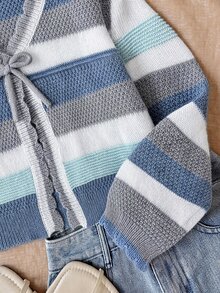 SHEIN Tween Girl Hollow Striped Colorful Knit Cardigan, Suitable For Home, Casual Outings, Beach Vacation, Gatherings And More, Comfortable Versatile Soft, Fall/Winter Outfits - Blue - View 6
