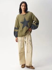 Bohemela Women's Casual Colorblock Patchwork Star Pattern Sweater, Autumn/Winter - Green - View 6