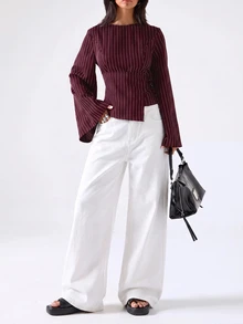 LYSMO Women's Striped Waist-Cinching Fashion Long Sleeve Business Shirt - Burgundy - View 1
