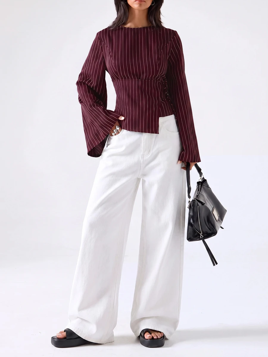 LYSMO Women's Striped Waist-Cinching Fashion Long Sleeve Business Shirt - Burgundy - View 1