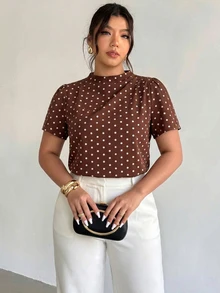 Firerie Áo sơ mi tay ngắn size lớn vải họa tiết chấm bi phong cách retro thường ngày - màu nâu - Xem 5