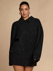 SHEIN BAE CURVE 大尺碼女款街頭時尚拉鍊長袖街頭夾克外套 冬季 - 黑色 - 查看 6