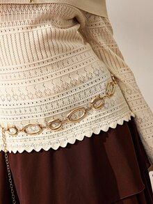 Willow Rêve Women's Ivory White Slim Fit Knitted Top, Hollow Knit Off-Shoulder Flare Sleeve Geometric Pattern Design, Western Bohemian Romantic Pastoral Style; Suitable For Autumn Date Night Wear - Cream - View 6